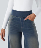 Halara Flex™ Jean Large Casual Taille Haute Poches Multiples Tricot Extensible Délavé