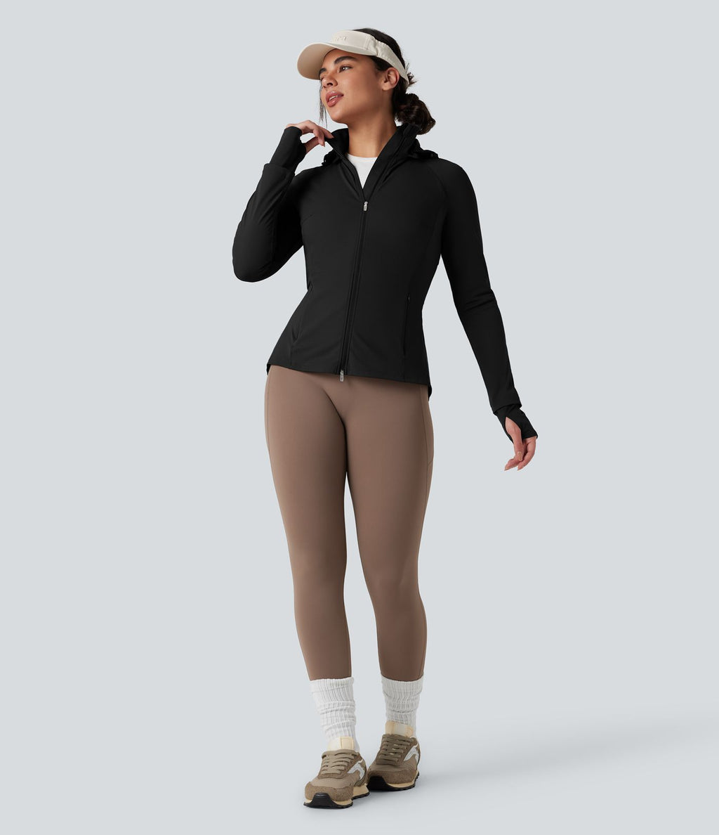 Veste randonnée capuche amovible double zip cordon de serrage avec trous pouces et poches