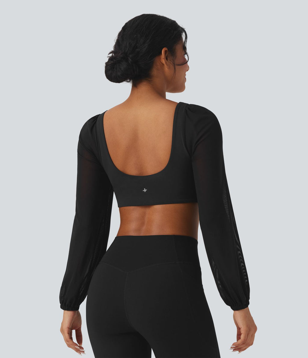 Top yoga sport crop SoftlyZero™ Plush manches longues maille contrastante dos nu