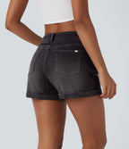 Short 7,5 cm décontracté en jean extensible Halara Flex™ taille moyenne avec boutons, zip et multiples poches