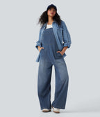 Salopette denim Halara Flex™ col carré effet délavé avec poches