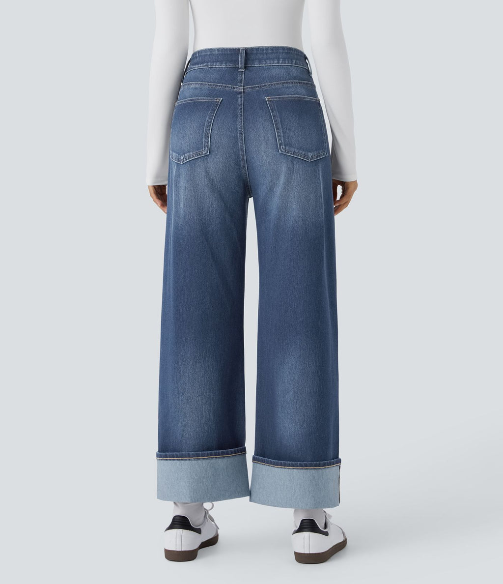 Jean décontracté Halara Flex™ taille haute jambes larges avec poches multiples et ourlet ajustable, en maille extensible effet délavé