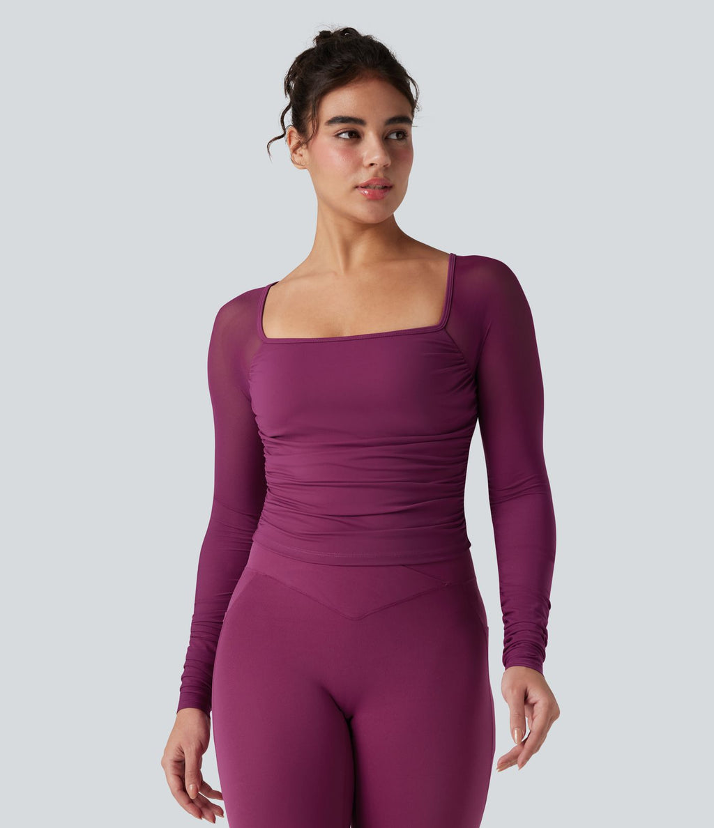 Top de sport yoga SoftlyZero™ Plush froncé mesh contrastant col carré manches longues