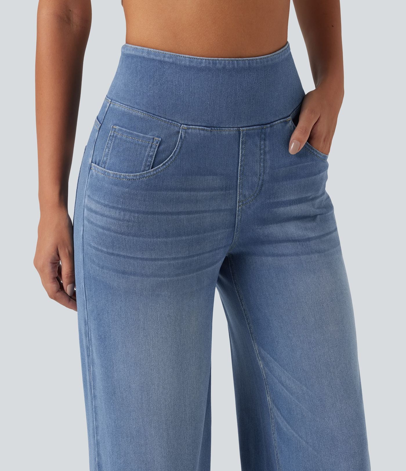 Halara Flex™ Jean large casual taille haute ventre plat, en lyocell drapé effet délavé, avec poches
