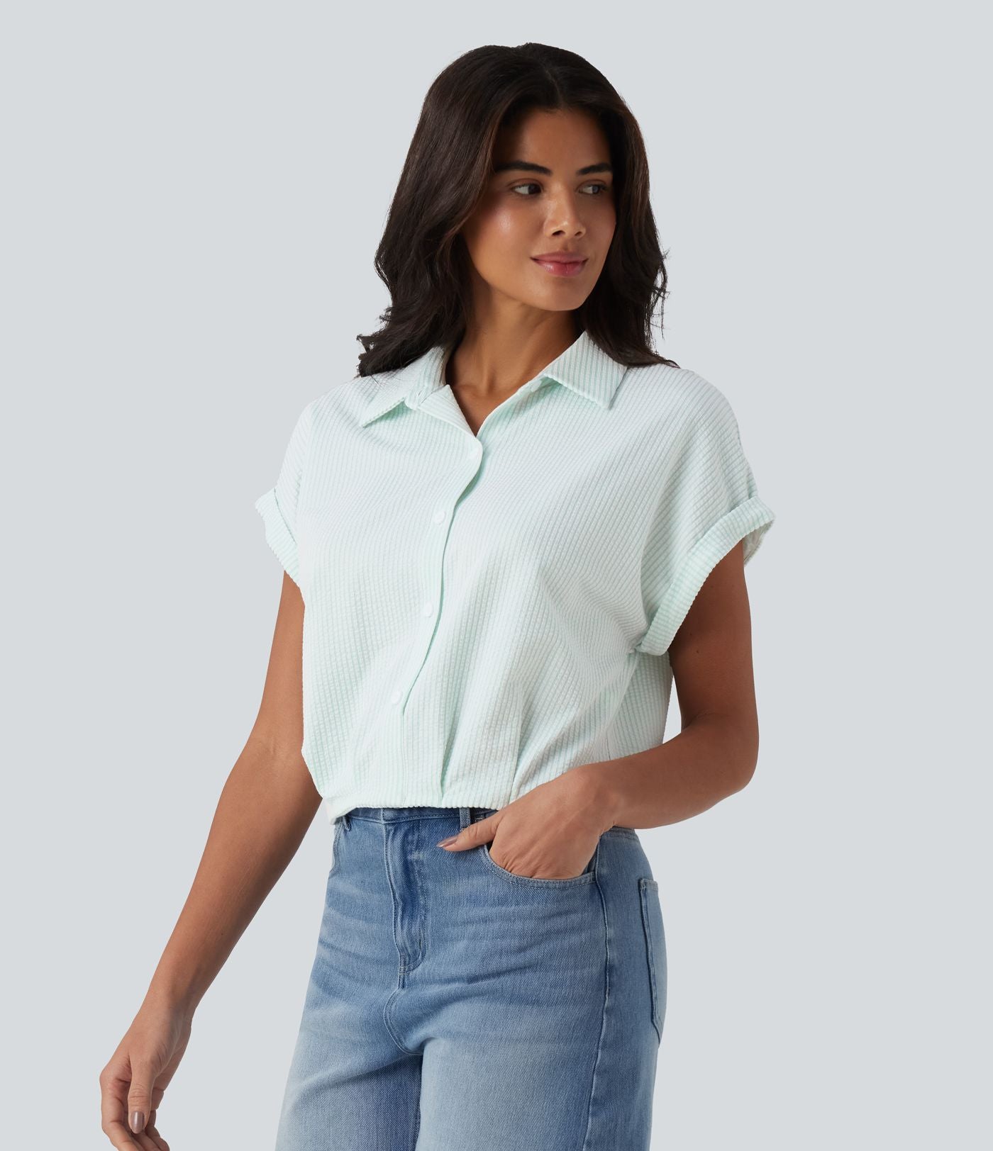 Chemise casual coton froissé à rayures col et manches chauve-souris