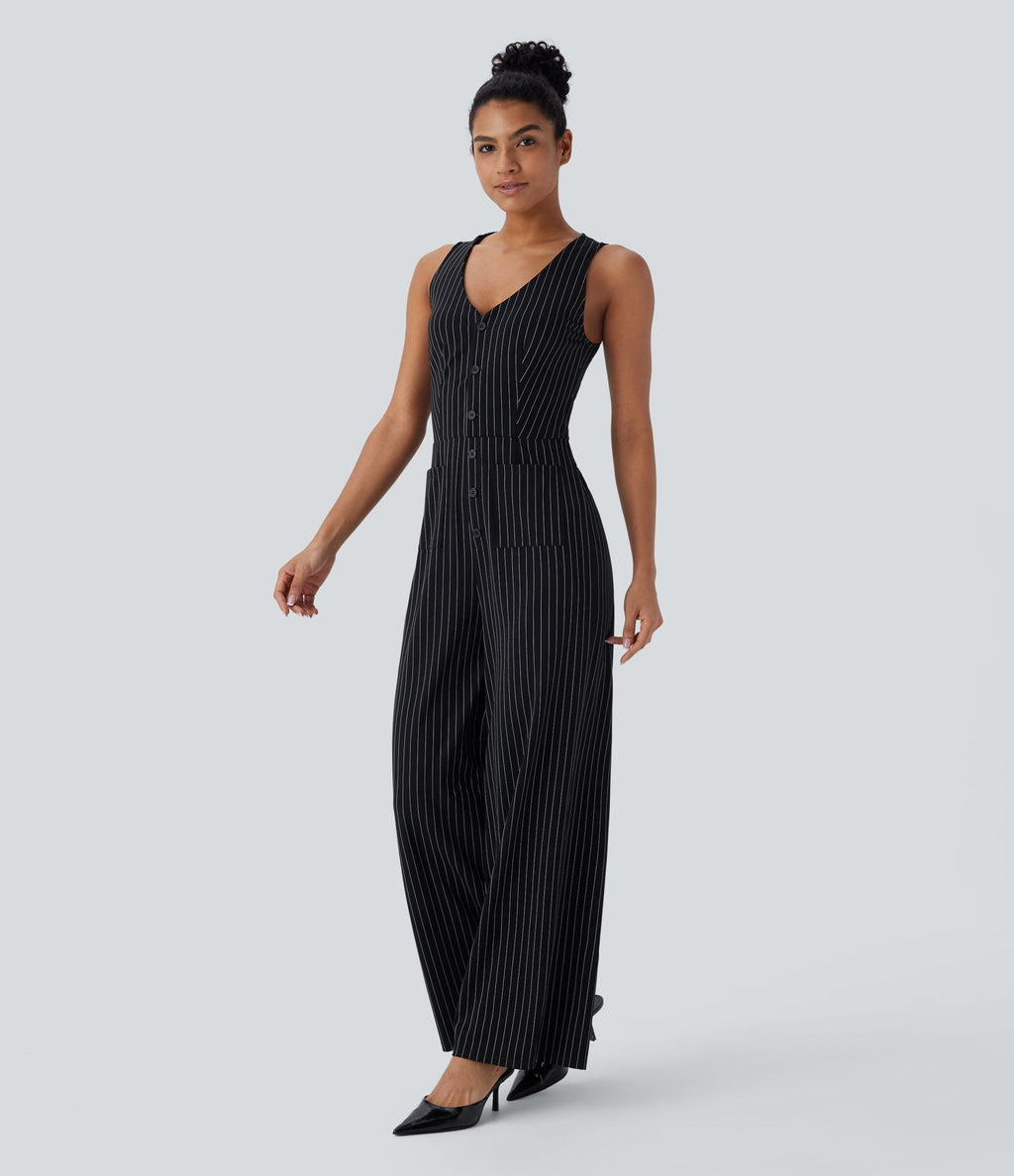 Combinaison tailleur rayée à jambes larges, décolleté en V, découpe et poches