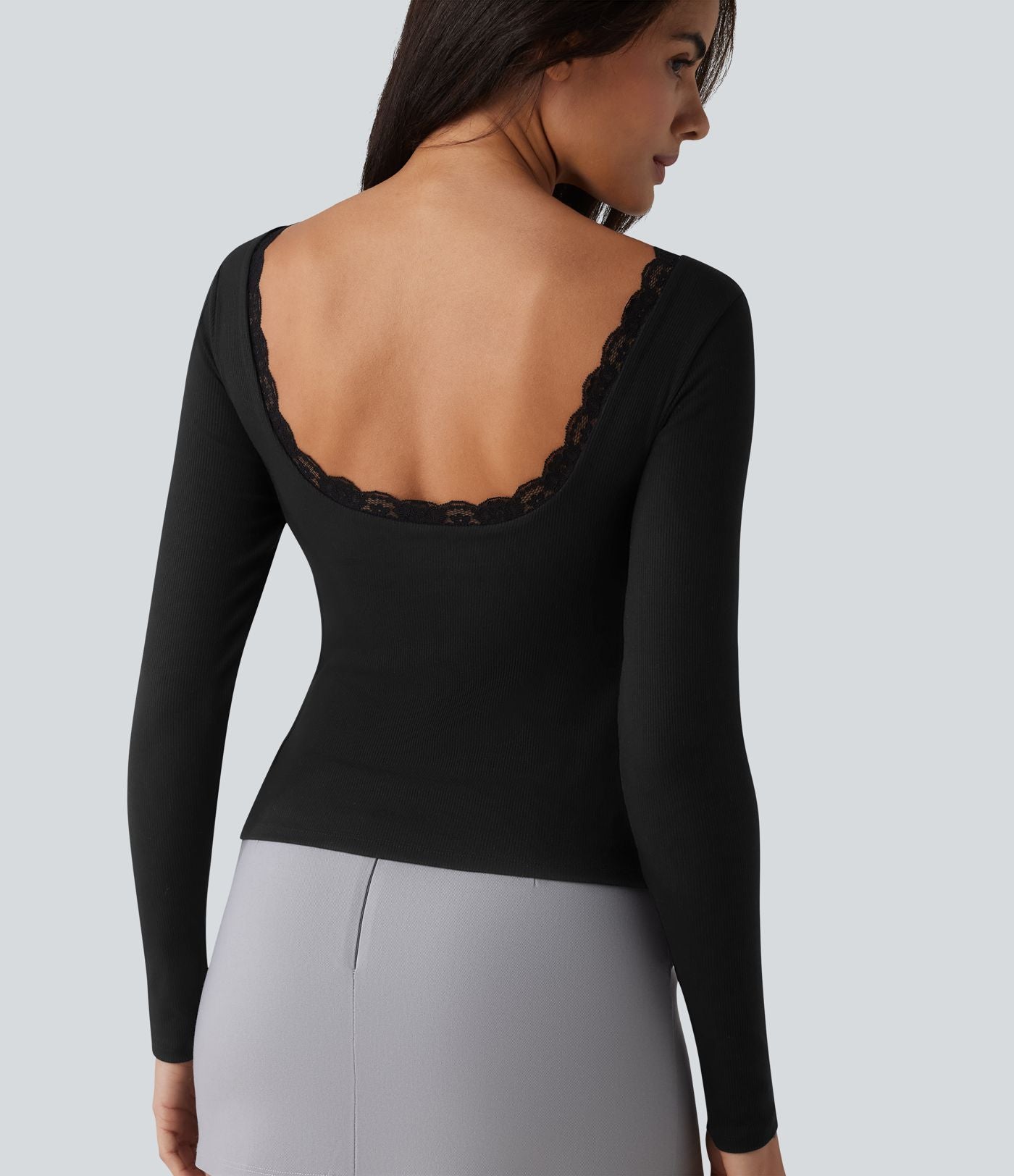 Haut casual en maille côtelée à manches longues, col rond échancré, dos en U, dentelle contrastée et soutien-gorge intégré