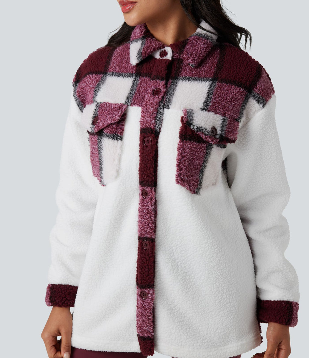 Veste sherpa carreaux color block manches longues avec poches