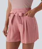 Short décontracté taille haute avec nœud devant aspect lin avec poches
