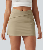 Jupe-short mini trapèze taille haute croisée en popeline extensible