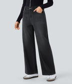 Halara Flex™ Jean Large Casual Taille Basse avec Boutons Zip Multiples Poches Lavés Élastiques et Tricotés