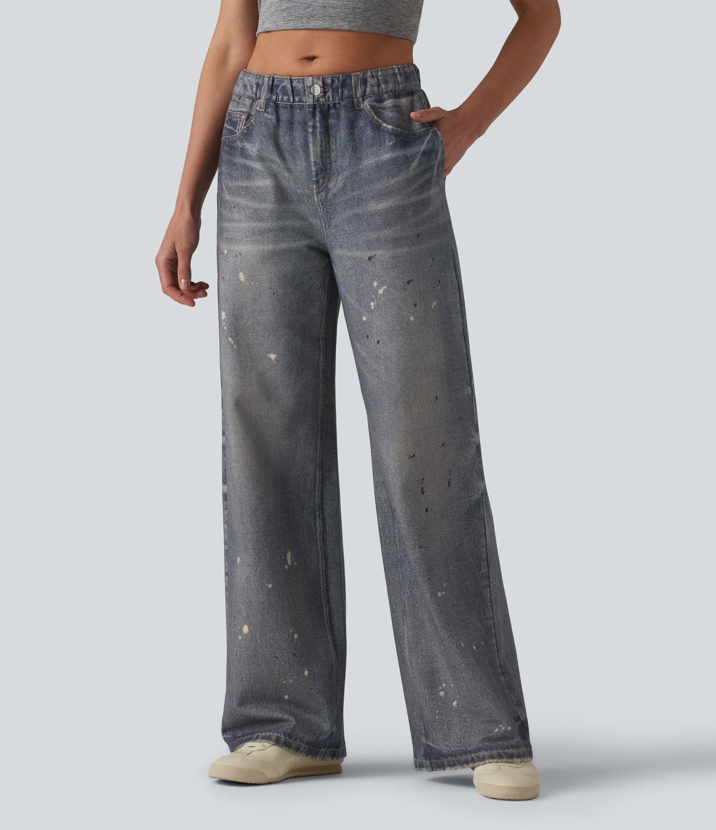 Jogging jean décontracté en molleton French Terry imprimé denim taille mi-haute avec poches