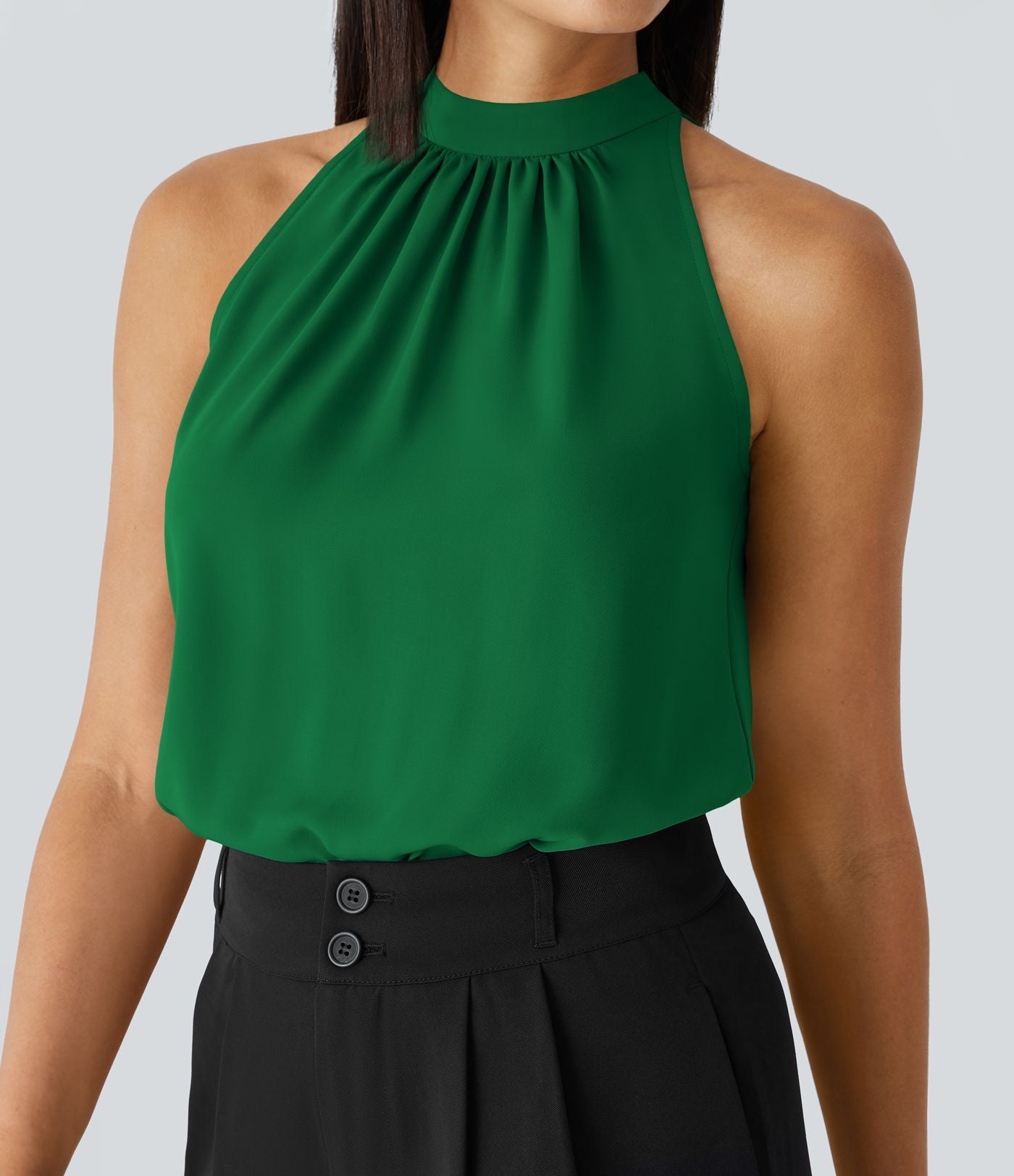 Blouse Travail Sans Manches Ourlet Courbé Col Haut Découpe au Dos Plis