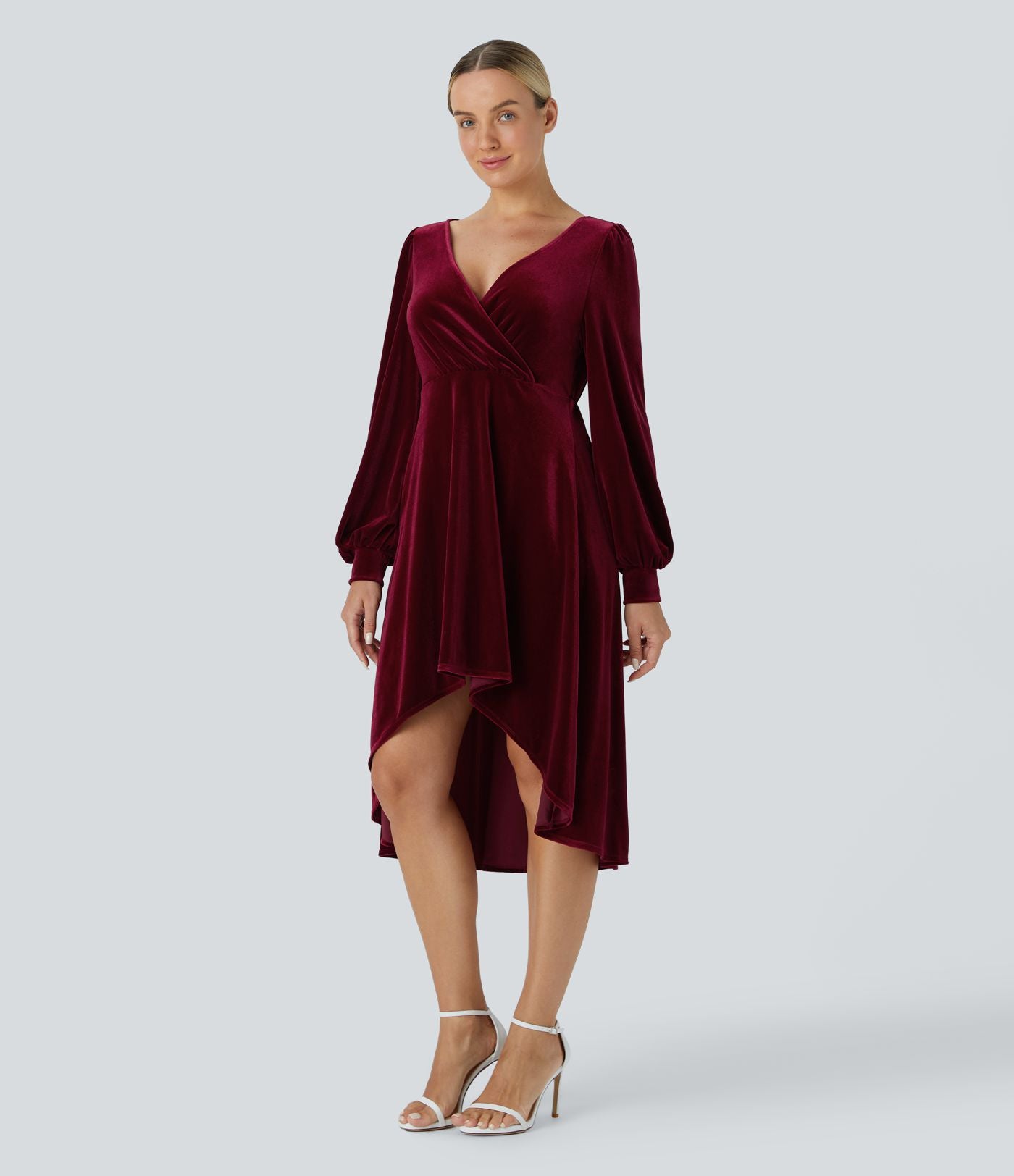 V Neck de Crossover Bishop Long Sleeve High Low Flowy Velvet Midi Casual Dress
