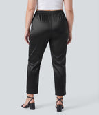 Pantalon tailleur fuselé en satin taille haute grande taille avec poches