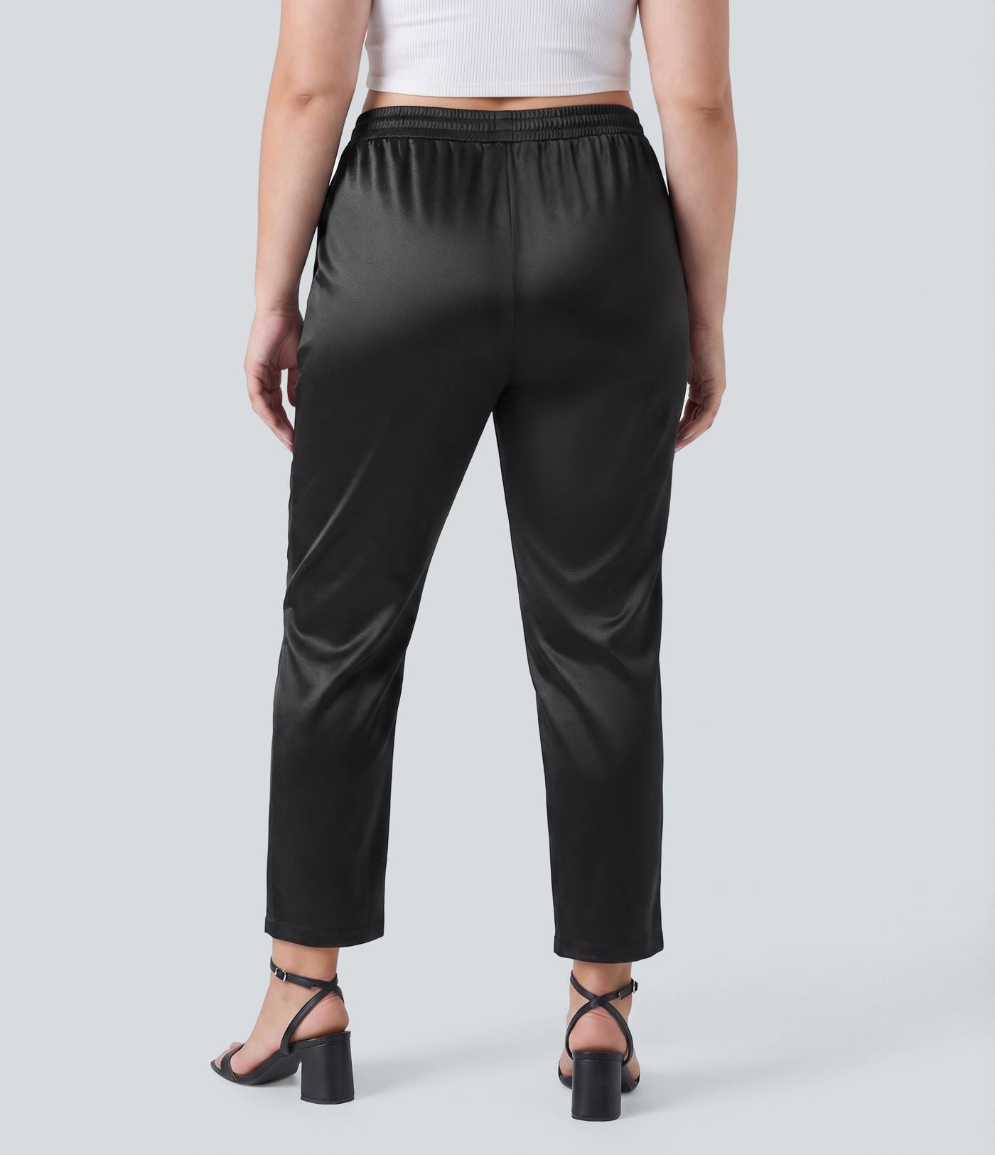 Pantalon tailleur fuselé en satin taille haute grande taille avec poches