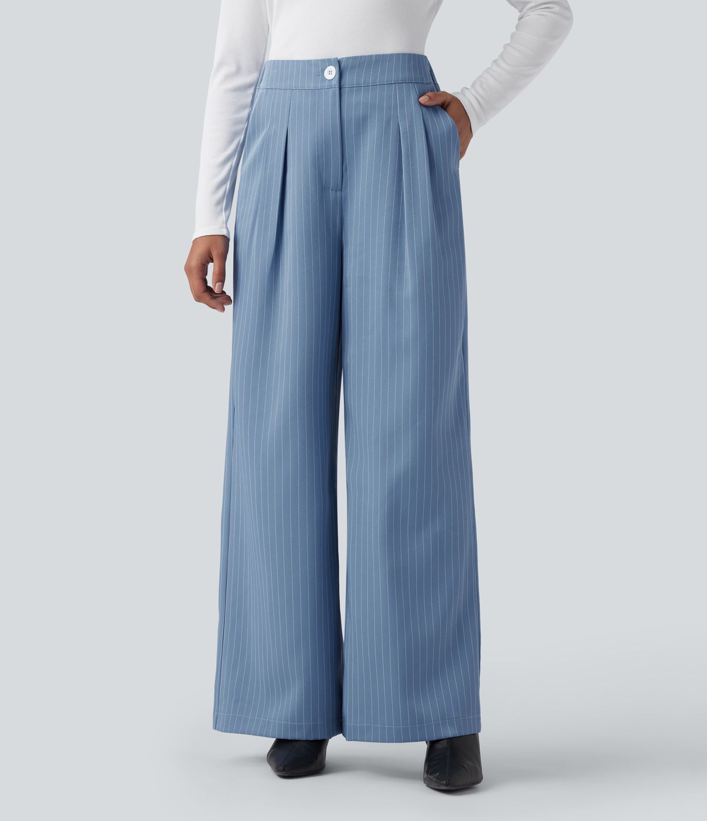 Pantalon Tailleur Large Fluide à Rayures, Taille Haute, Bouton et Fermeture Éclair, Poches Latérales