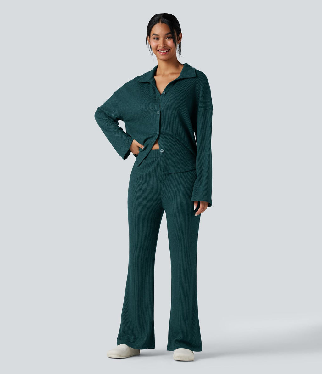 Top détente gaufré col tailleur manches longues boutonnage décontracté