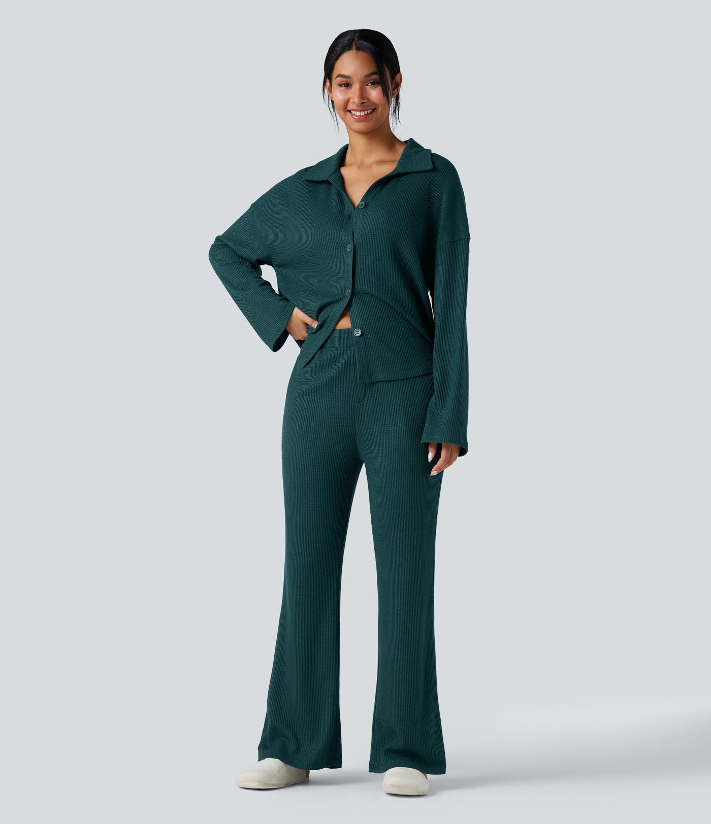 Top détente gaufré col tailleur manches longues boutonnage décontracté
