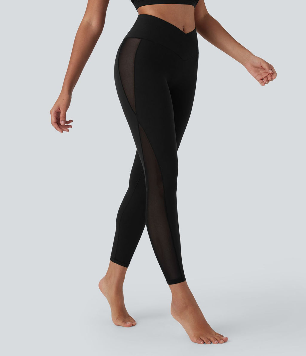 Legging de yoga Softlyzero™ taille haute croisé avec filet contrasté, poche et protection UPF50+