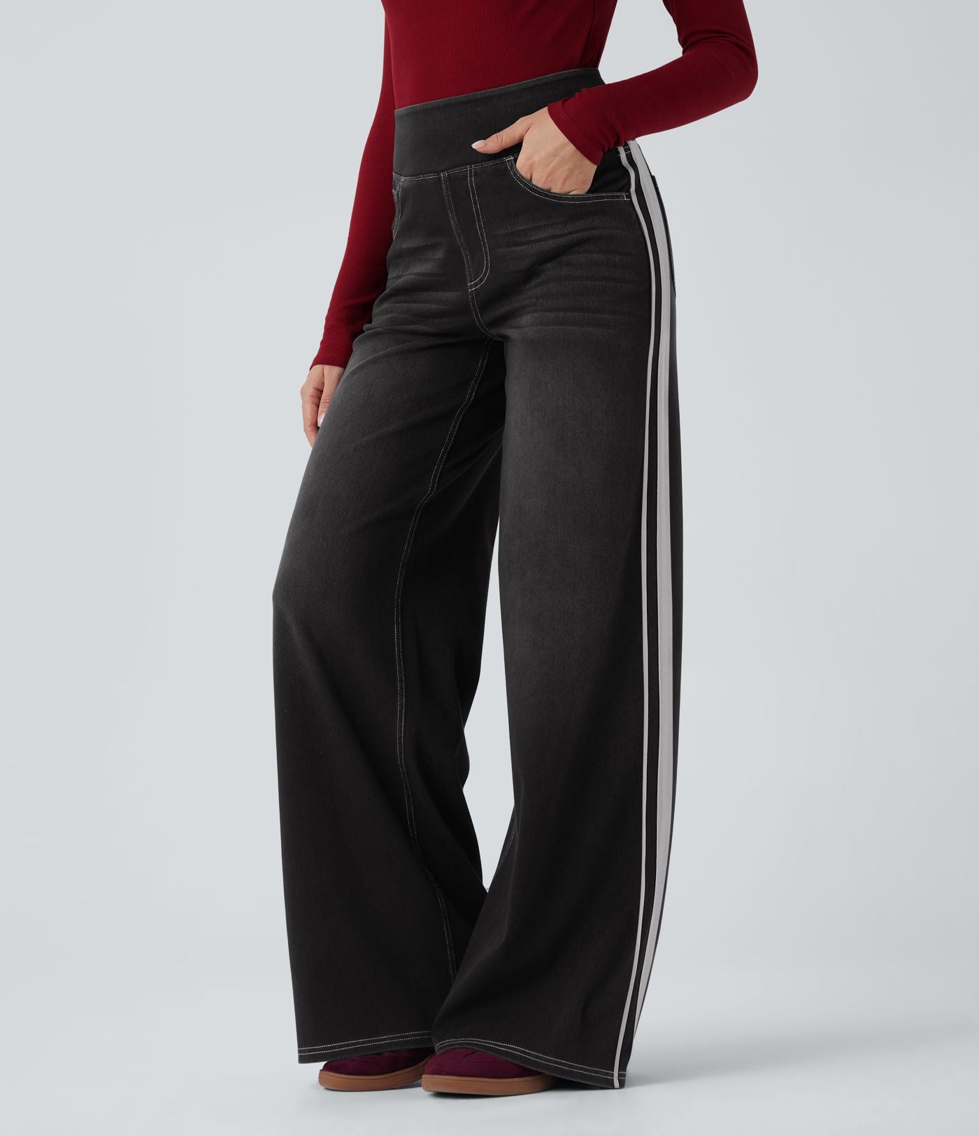 Halara Flex™ Jean large fluide délavé taille haute à rayures avec poches