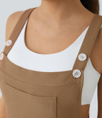 Salopette Casual Bretelles Ajustables Boutonnés Multiples Poches Plis et Tissu Gaufré