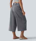 Pantalon large court casual taille haute avec ceinture aspect lin et poches