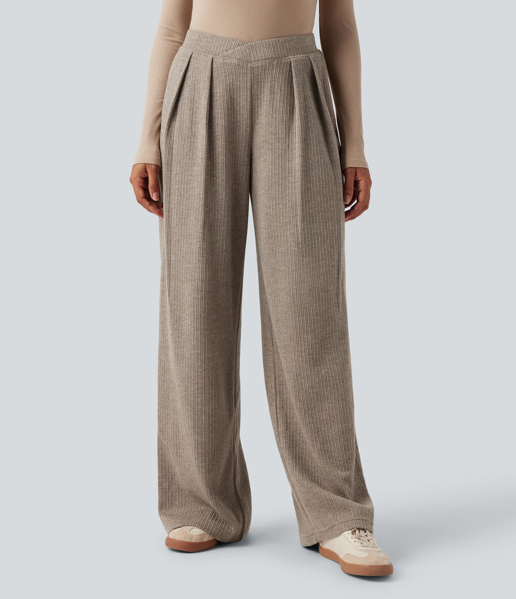Pantalon décontracté droit côtelé, taille haute, avec poches et détail croisé