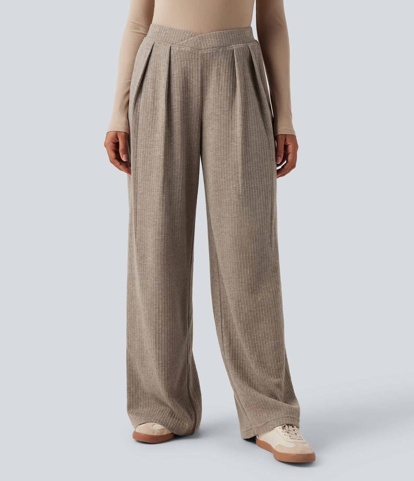 Pantalon décontracté droit côtelé, taille haute, avec poches et détail croisé