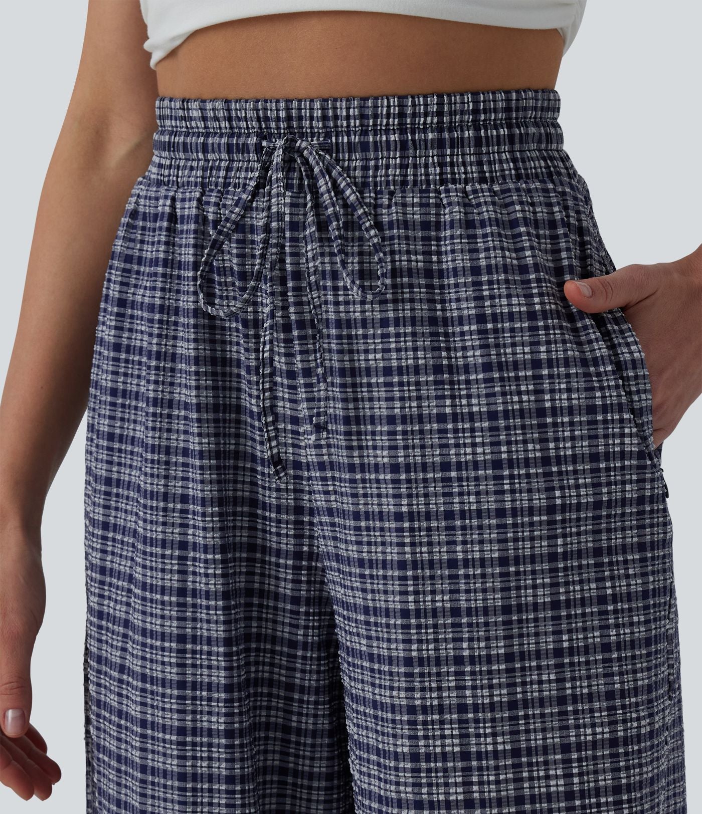 Pantalon large casual taille haute carreaux froissés à séchage rapide avec cordon de serrage et poches zippées
