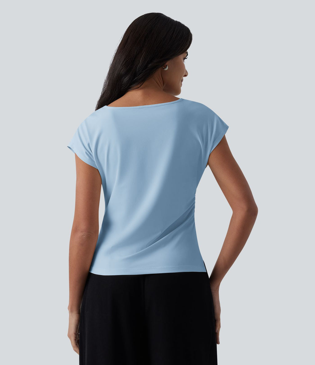 Blouse tailleur asymétrique col drapé manches courtes avec fronces et ourlet fendu