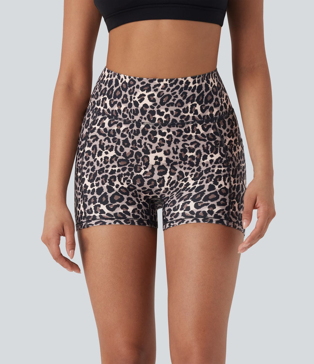 Short cycliste yoga 3'' taille haute imprimé léopard avec poches
