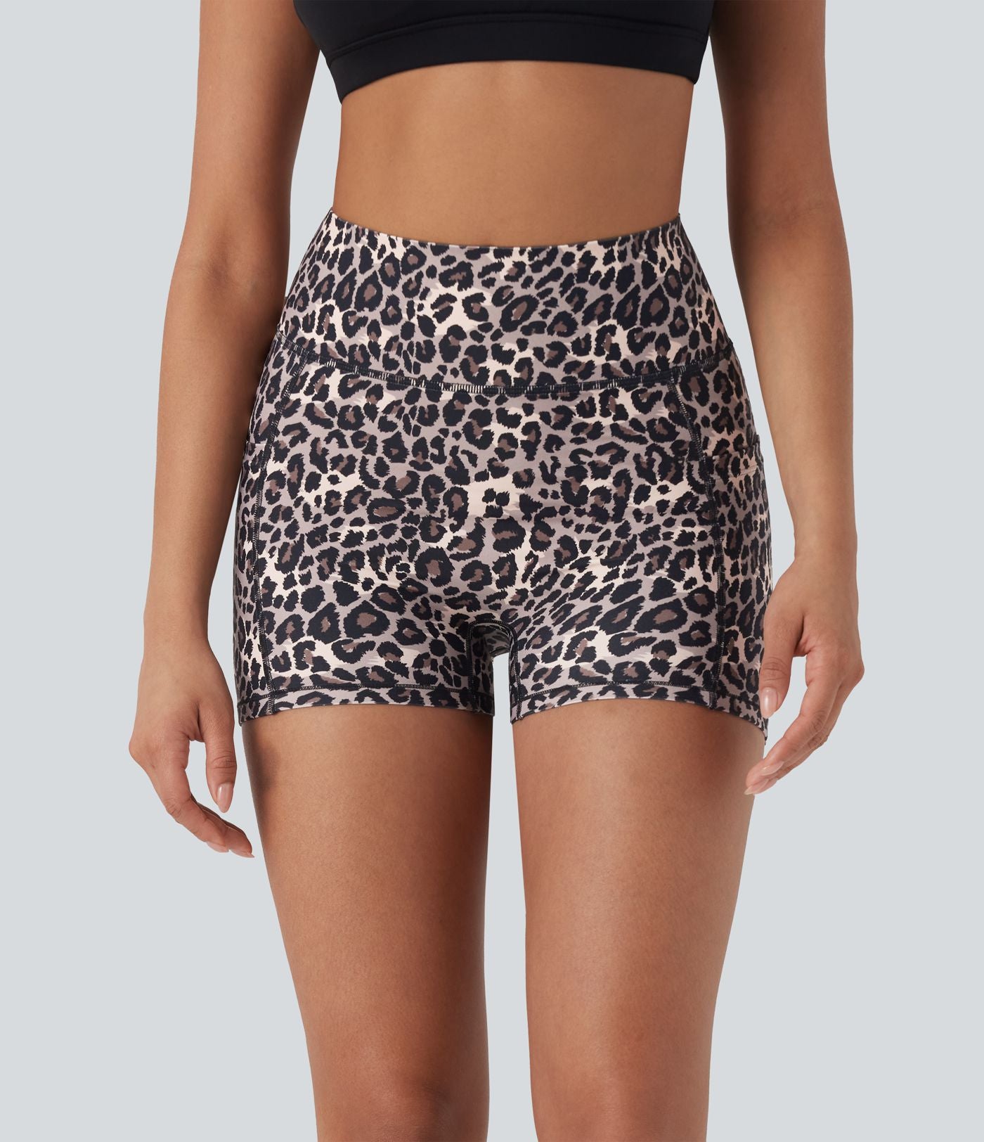 Short cycliste yoga 3'' taille haute imprimé léopard avec poches