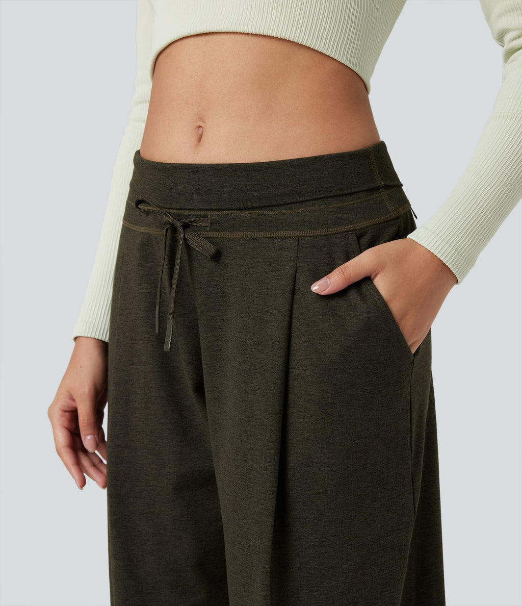 Pantalon jogging large thermique fluide chiné à rabat taille haute séchage rapide avec cordon de serrage et poches