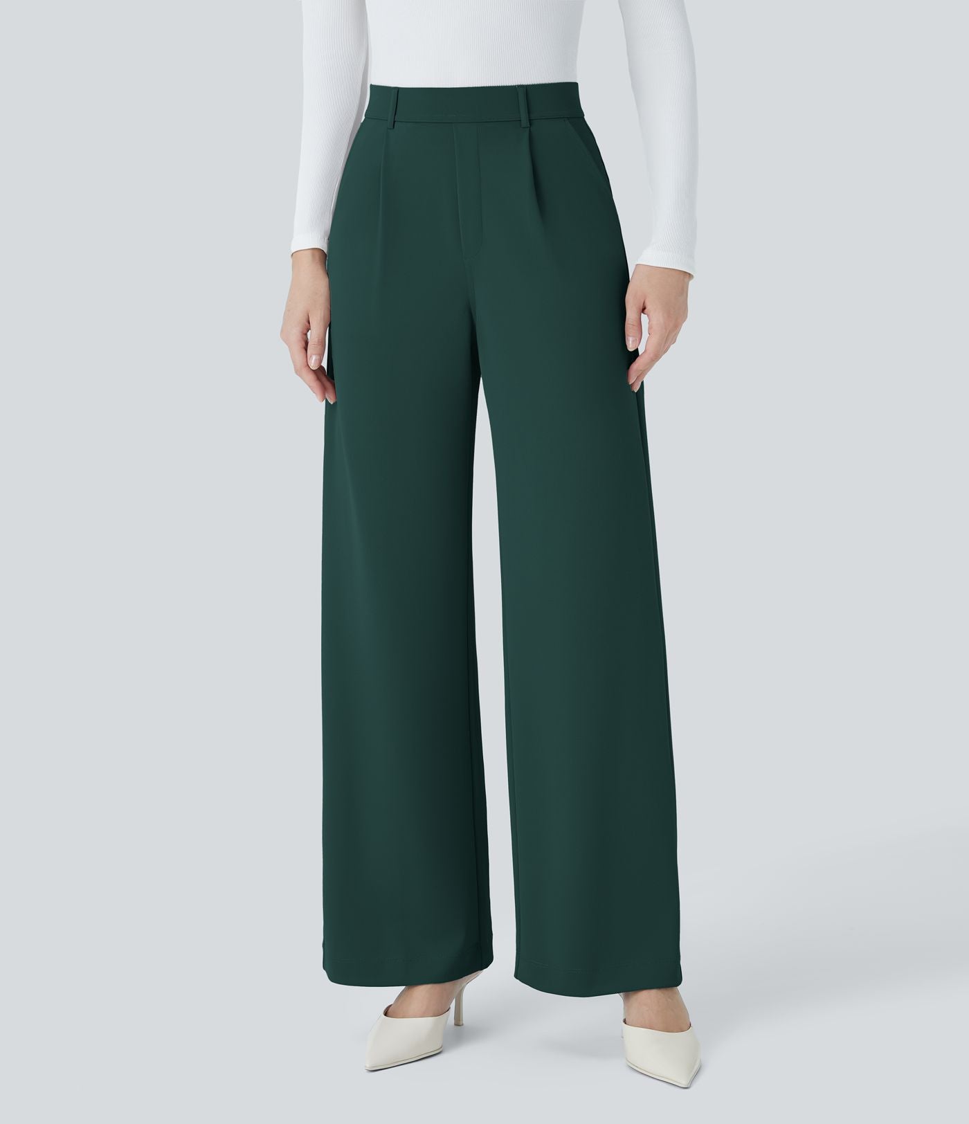 Halara Flex™ Pantalon Tailleur Droit à Taille Haute avec Pli Poches Latérales en Crêpe