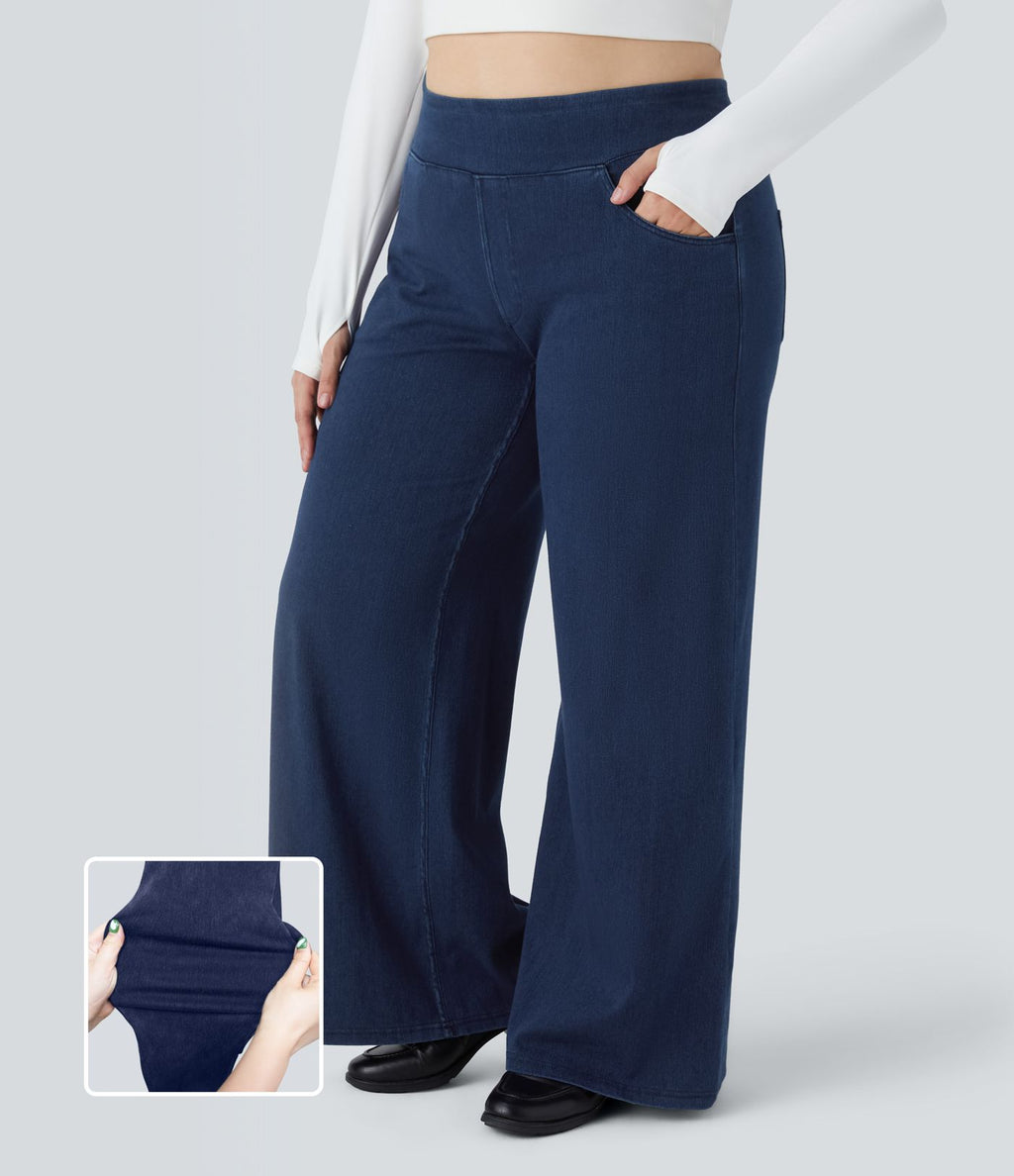 Halara Flex™ High Waisted Multiple Pockets Wide Leg Loose Stretchy Knit Casual Plus Size Jeans