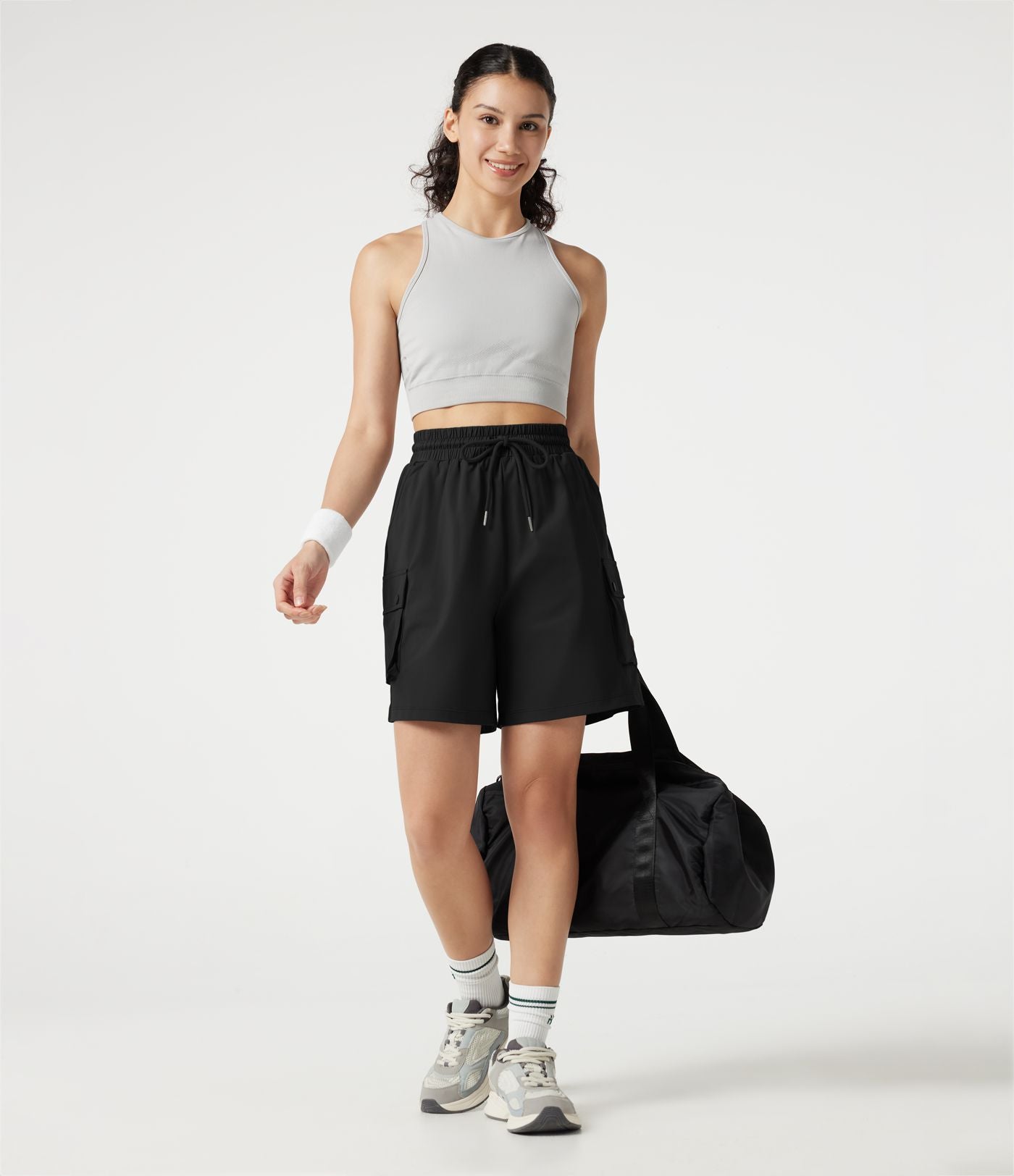 Short cargo bermuda de sport taille haute à cordon de serrage avec poches