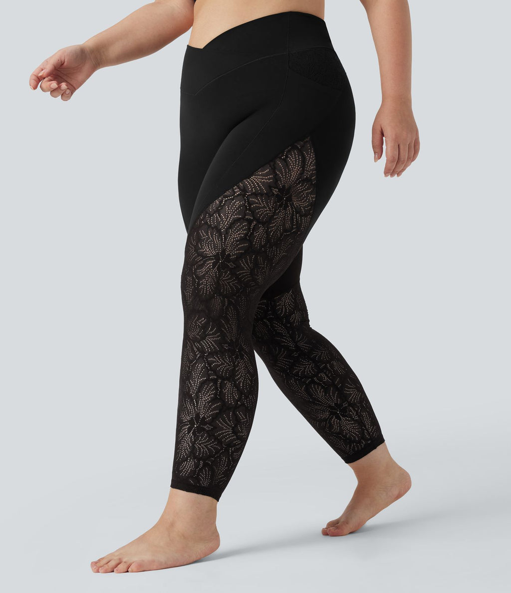 Leggings yoga 7/8 grande taille SoftlyZero™ taille haute croisé dentelle contrastante avec poches - UPF50+