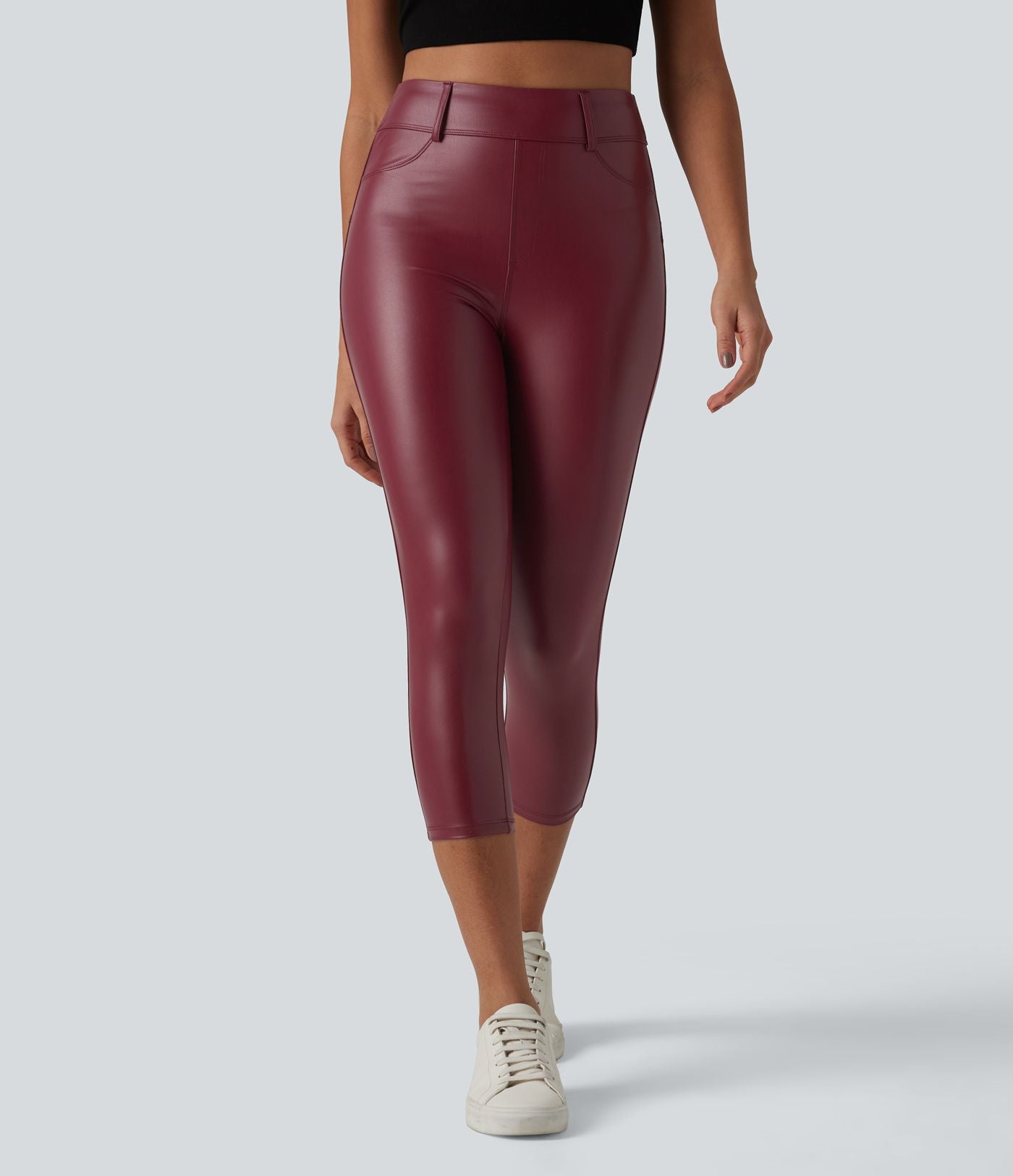 Legging corsaire casual taille haute extensible en simili cuir avec poches