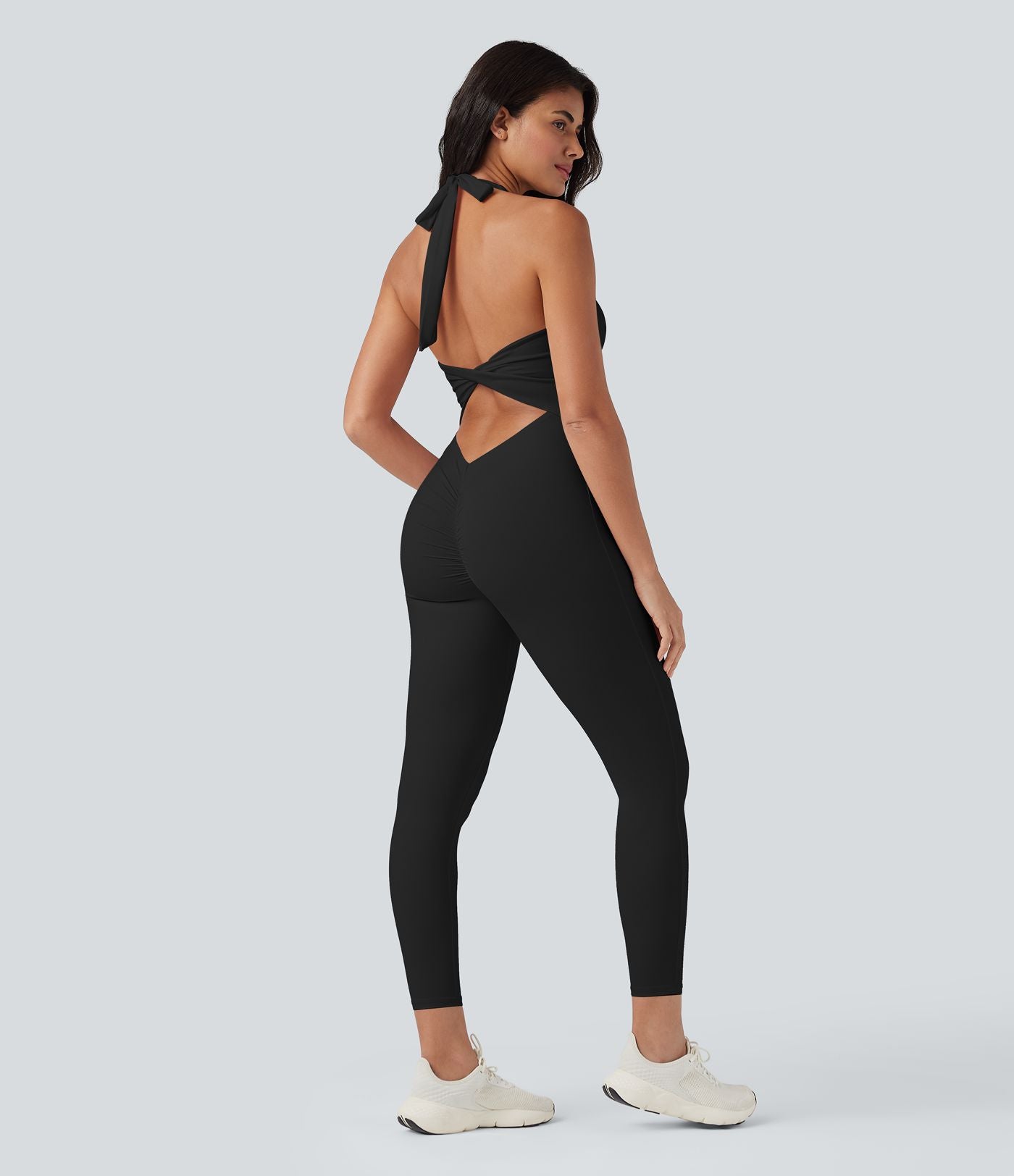 Combinaison de yoga moulante SoftlyZero™ aérée dos-nu dos noué à découpes et fronces