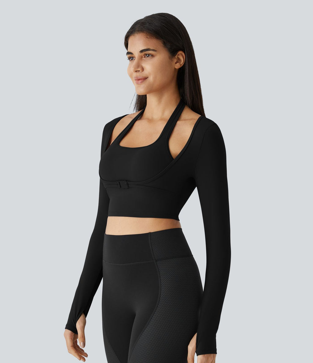 Softlyzero™ Plush Top Sport Yoga Manches Longues Trou pour le Pouce Dos Nu Col Halter