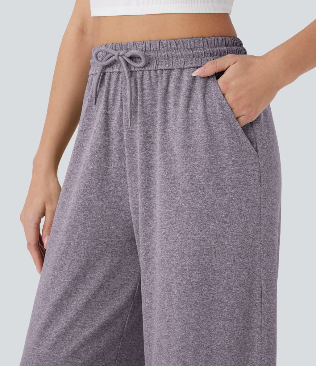 Pantalon large décontracté taille haute avec cordon de serrage et poches latérales