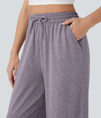Pantalon large décontracté taille haute avec cordon de serrage et poches latérales