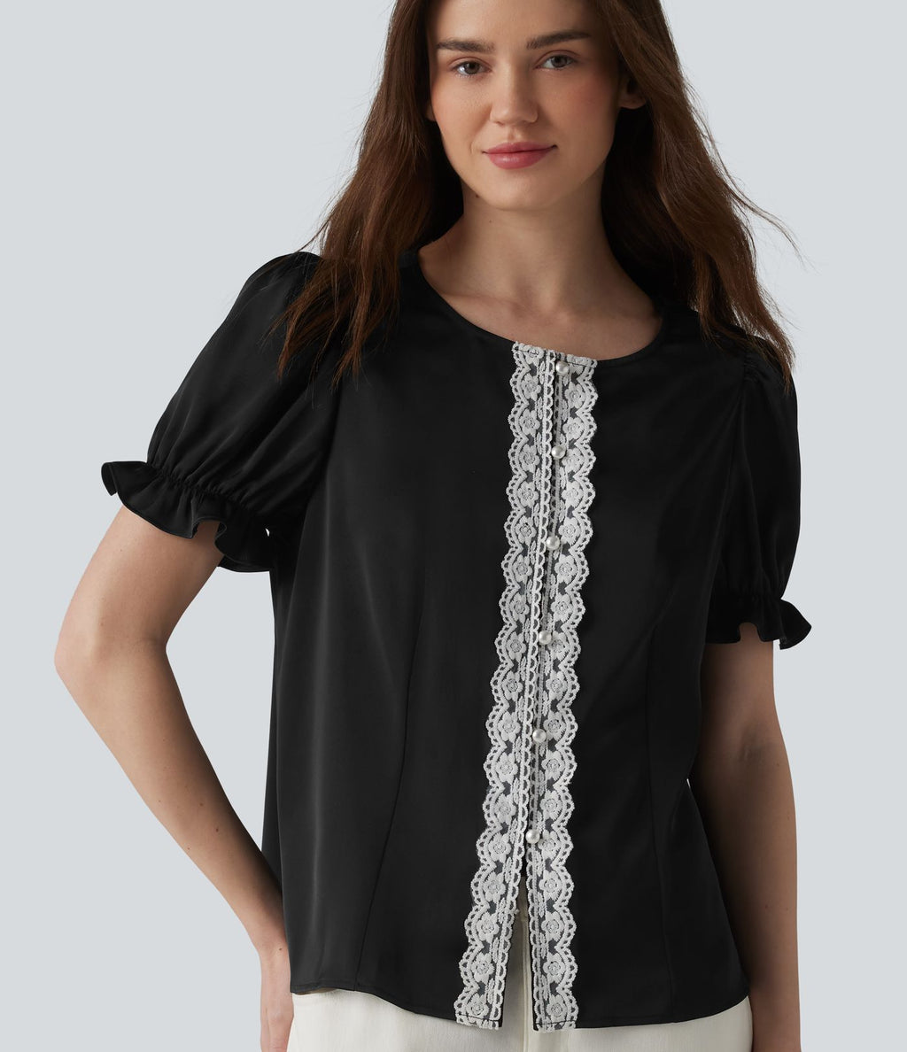 Blouse décontractée col rond manches bouffantes courtes avec dentelle contrastée
