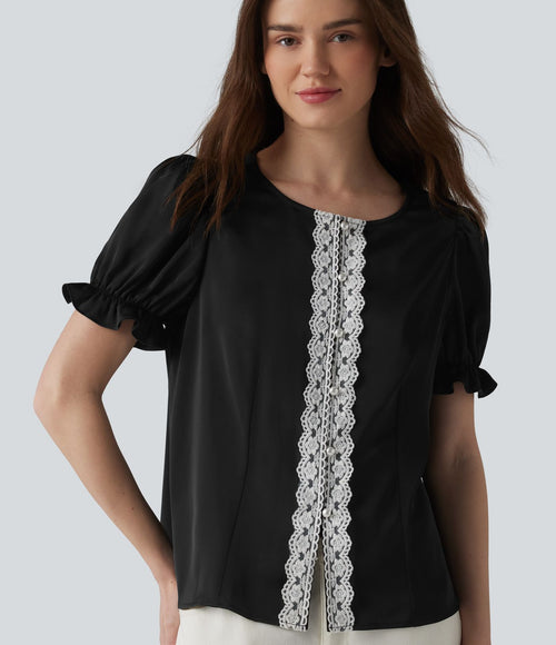 Blouse décontractée col rond manches bouffantes courtes avec dentelle contrastée