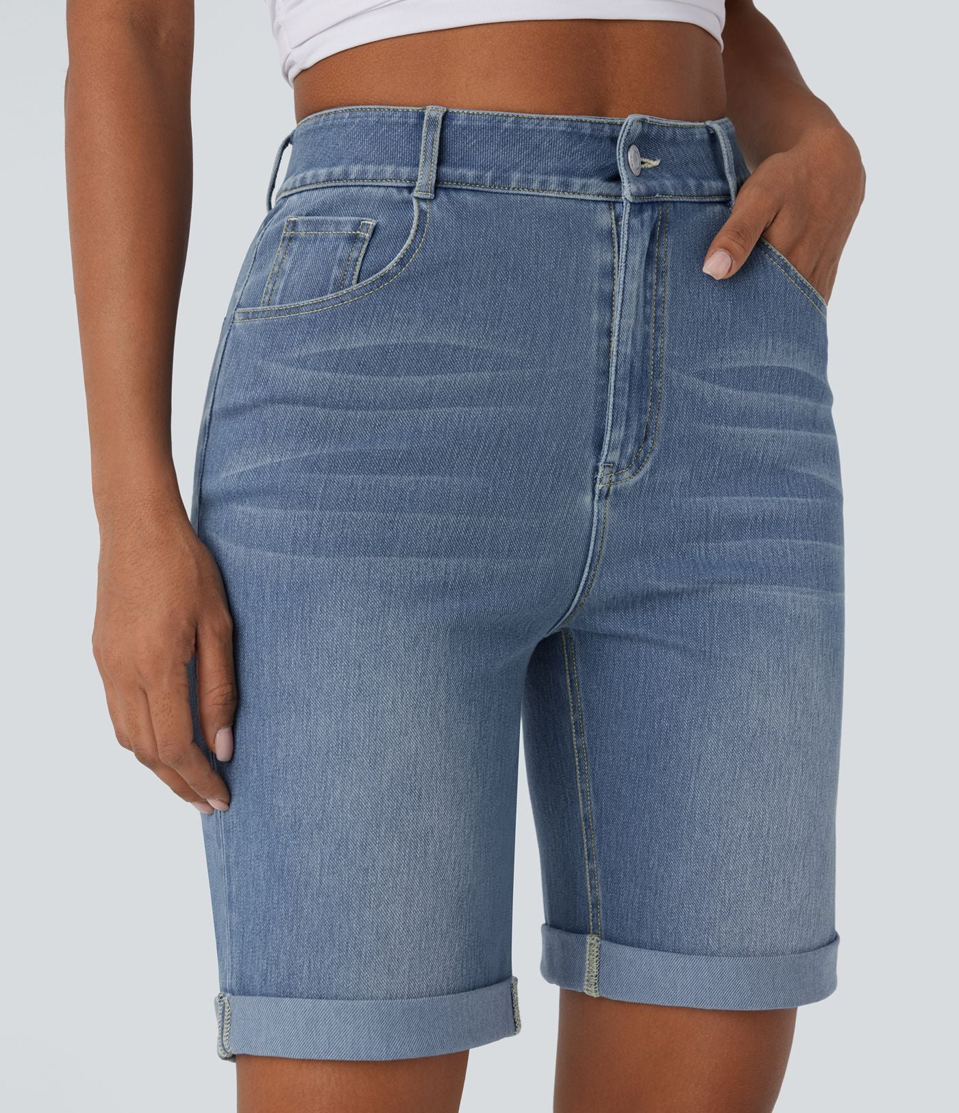 Bermuda décontracté en jean extensible délavé Halara Flex™ taille haute avec revers et multiples poches