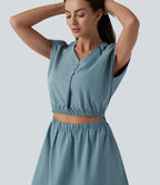 Robe col V manches courtes à découpes en popeline extensible avec poches