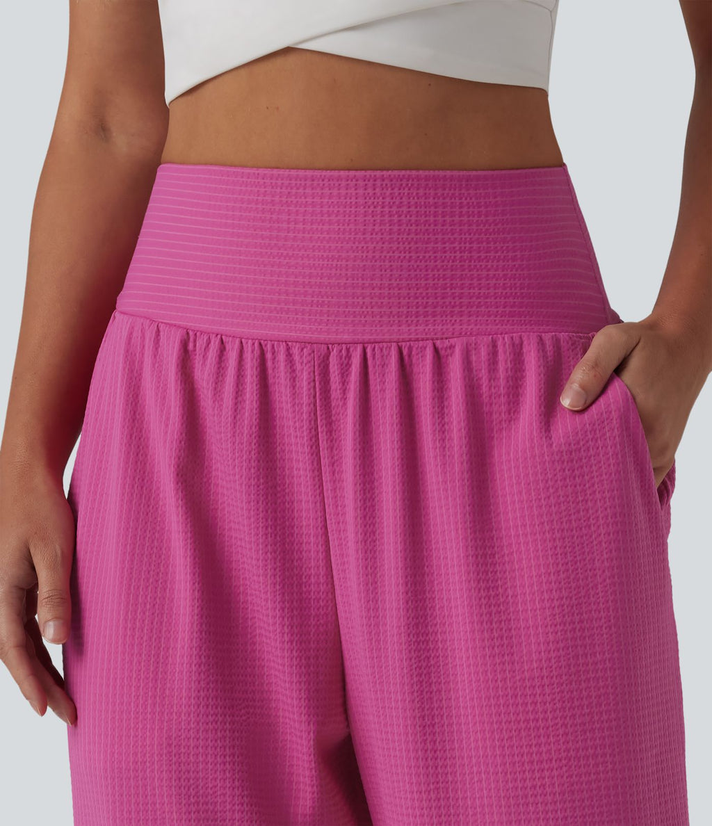 Pantalon décontracté taille haute ventre plat à rayures séchage rapide avec poches - UPF40+