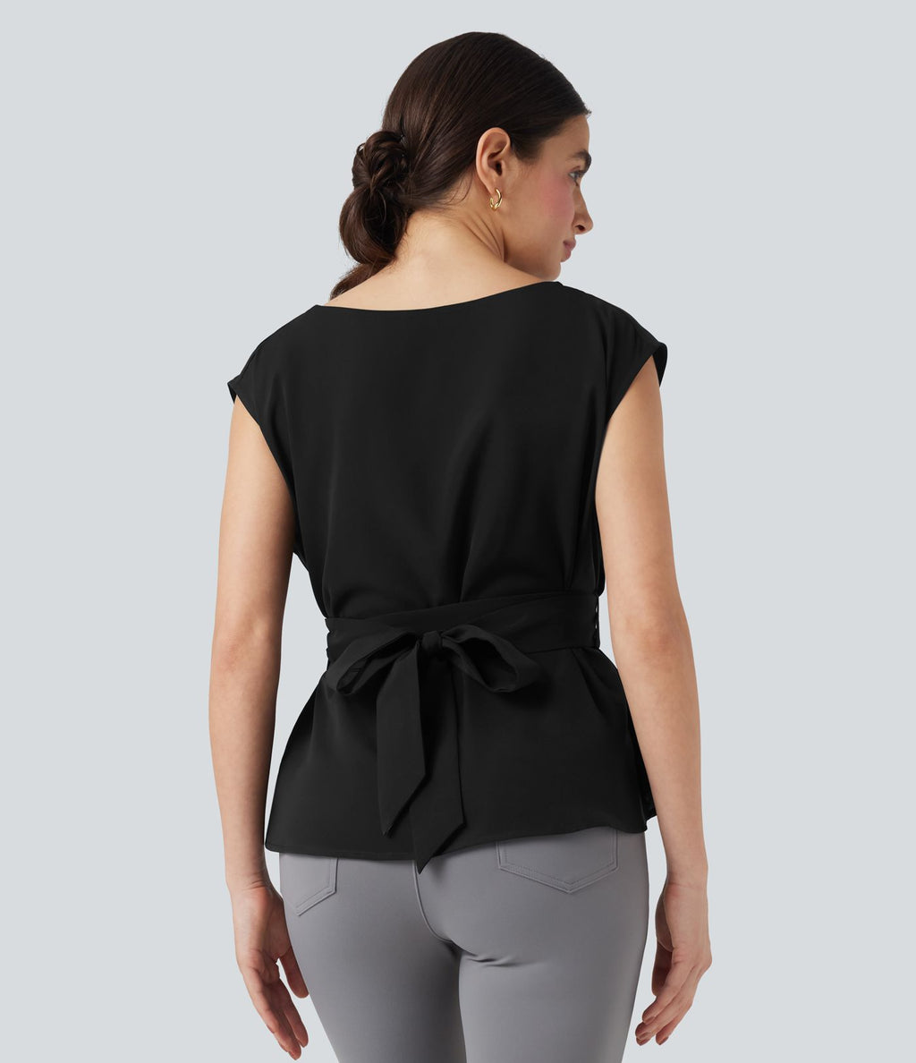 Blouse esprit bureau défroissage facile sans manches, encolure bateau et lien au dos