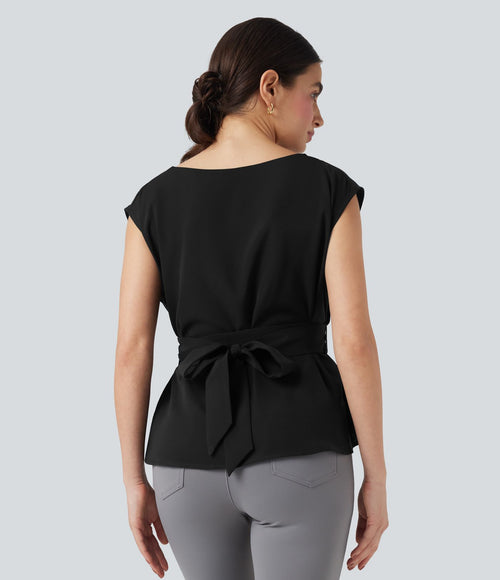 Blouse esprit bureau défroissage facile sans manches, encolure bateau et lien au dos
